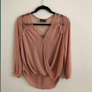 ASTR Peach Surplice LongSleeve Blouse Lace Detail